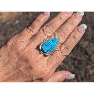 Native American Indian Jewelry Zuni Corn Ring, Turquoise Silver Sz 7.5US**
